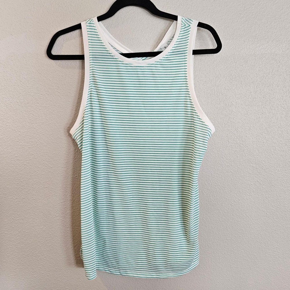 All in Motion white and teal horizontal striped tank top in size M